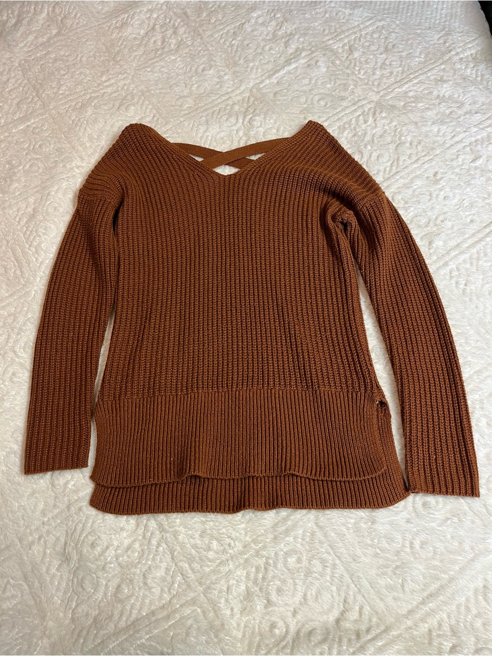 Womens Rust Brown Ribbed V-Neck Sweater with Crisscross Detail